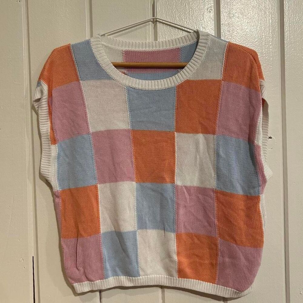 Pastel Checkerboard Viscose Knit Sweater Vest Size M